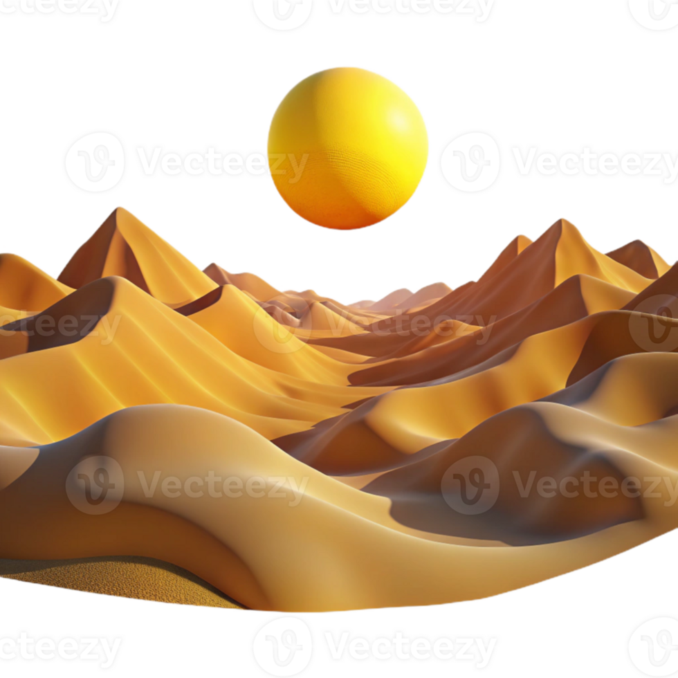 beautiful classic A desert landscape at noon, scorching sun, sand dunes stretching to the horizon, surreal style professional png