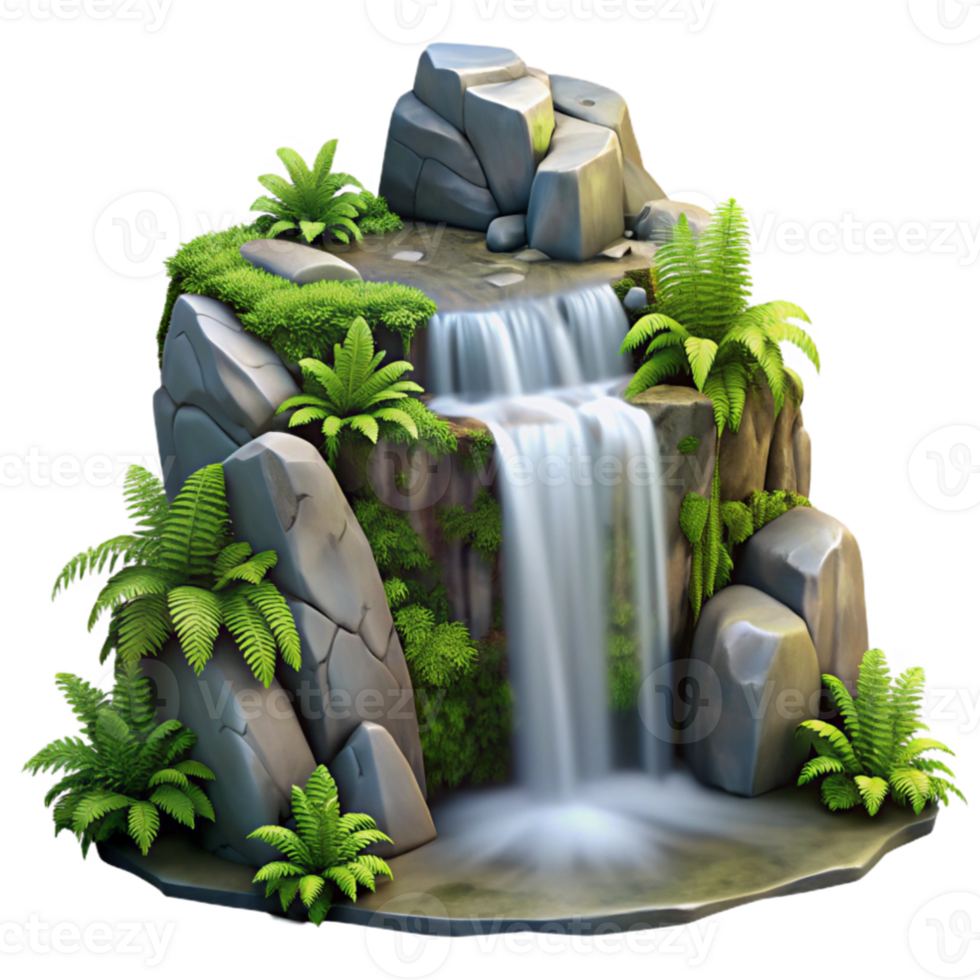 impressive vintage A cascading waterfall flowing over mossy rocks, surrounded by lush ferns, long exposure photography style 4K png