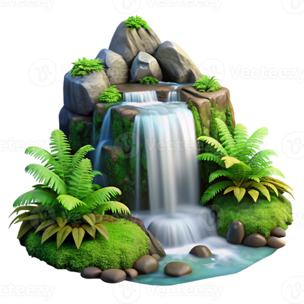 wonderful traditional A cascading waterfall flowing over mossy rocks, surrounded by lush ferns, long exposure photography style genuine png
