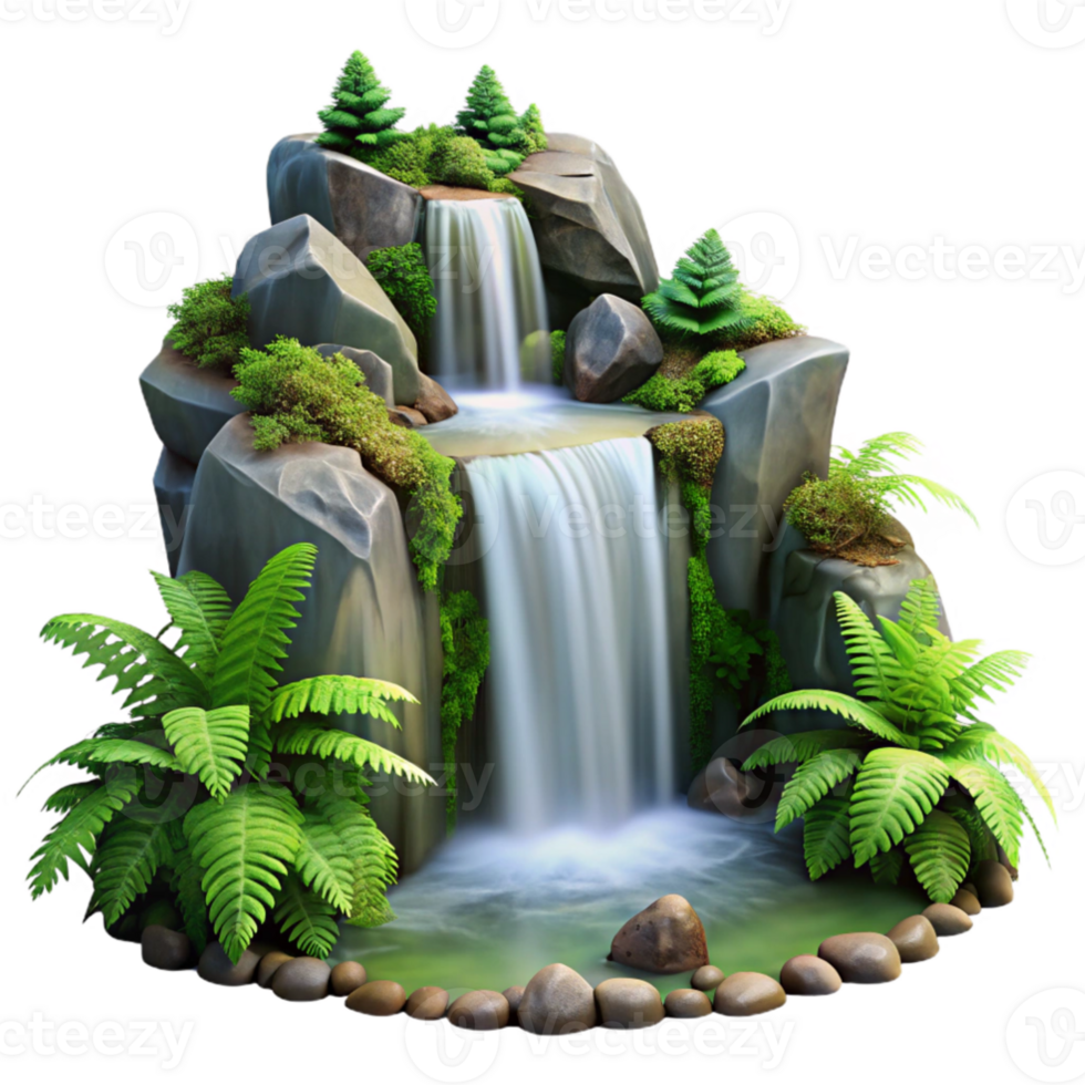 impressive modern A cascading waterfall flowing over mossy rocks, surrounded by lush ferns, long exposure photography style genuine png