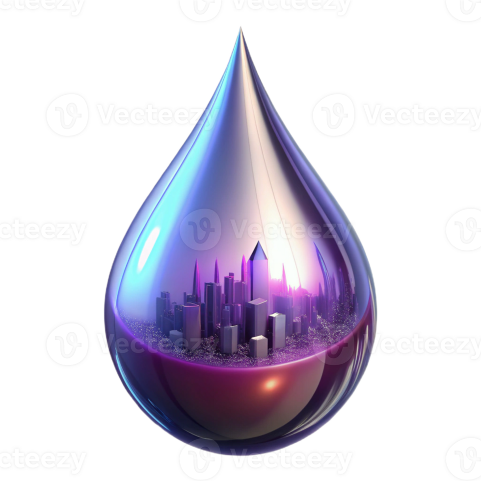 magnificent minimalist A single, perfect drop of mercury reflecting distorted images of a futuristic cityscape, lit by neon signs, cyberpunk style original png