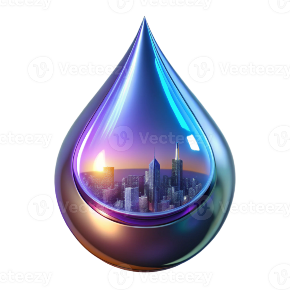 beautiful abstract A single, perfect drop of mercury reflecting distorted images of a futuristic cityscape, lit by neon signs, cyberpunk style exclusive png