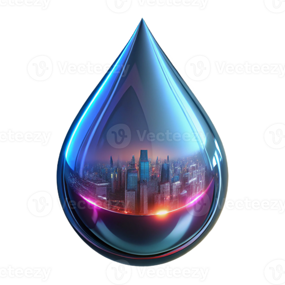 beautiful rustic A single, perfect drop of mercury reflecting distorted images of a futuristic cityscape, lit by neon signs, cyberpunk style original png