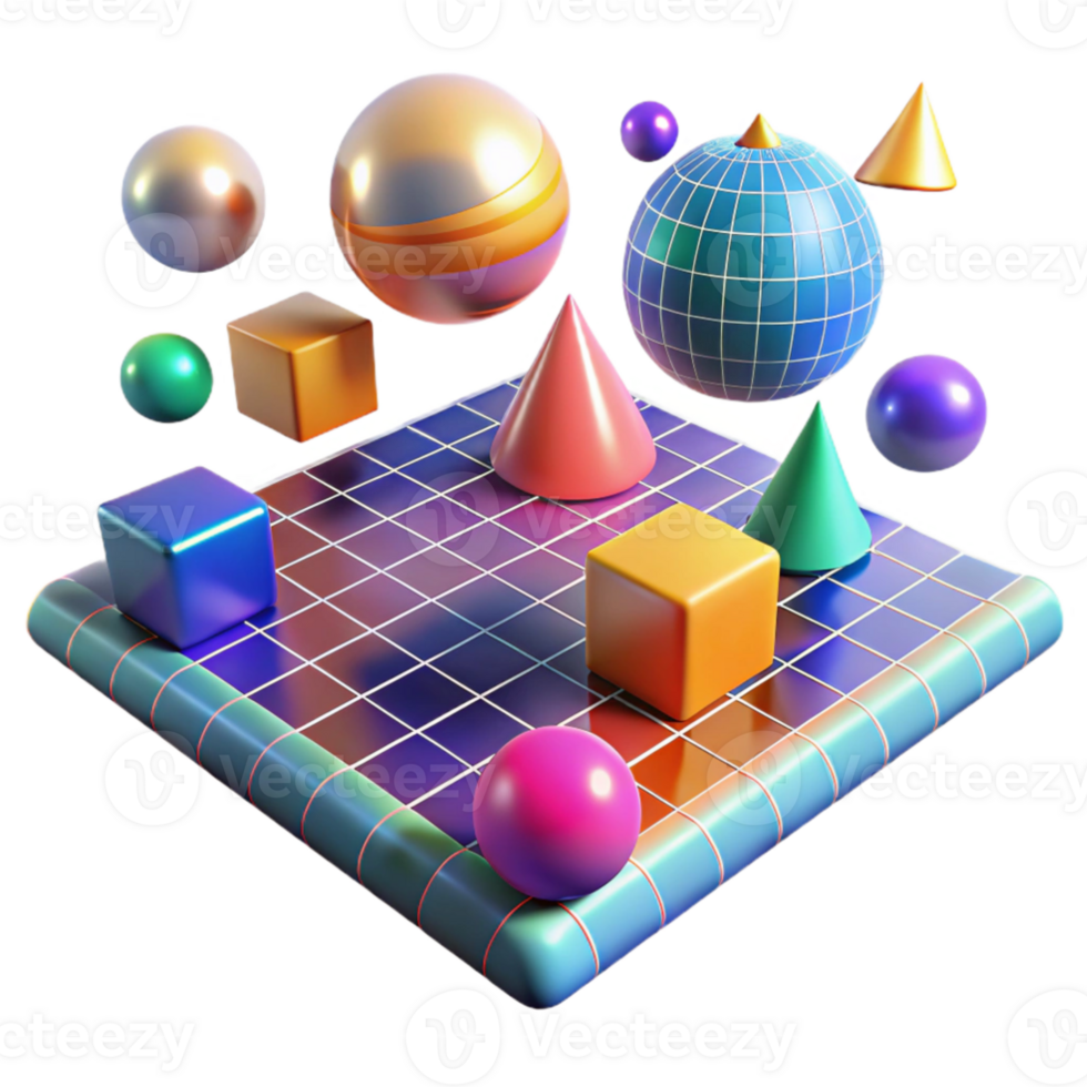 stunning minimalist A field of colorful, geometric shapes floating in zero gravity, illuminated by a grid of laser beams, Bauhaus style detailed png