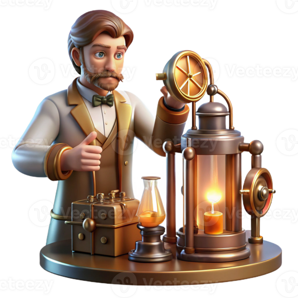 vibrant modern A Victorian era scientist operating a complex, brass and copper machine with glowing vacuum tubes, dimly lit with warm flickering gaslight, steampunk style premium png