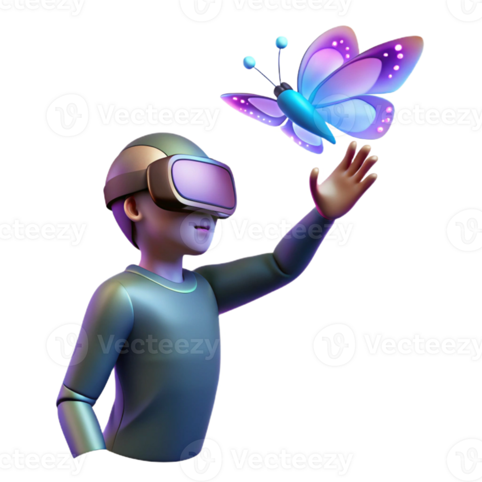 magnificent classic A solitary figure in a VR headset, reaching out to touch a shimmering digital butterfly, dark background with spotlights on the figure, digital art style professional png