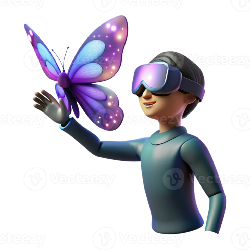 magnificent traditional A solitary figure in a VR headset, reaching out to touch a shimmering digital butterfly, dark background with spotlights on the figure, digital art style 4K png