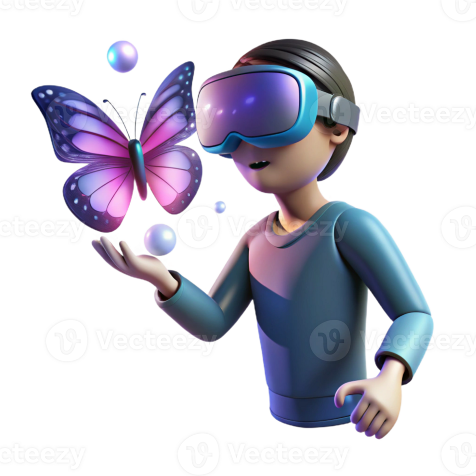 elegant minimalist A solitary figure in a VR headset, reaching out to touch a shimmering digital butterfly, dark background with spotlights on the figure, digital art style professional png