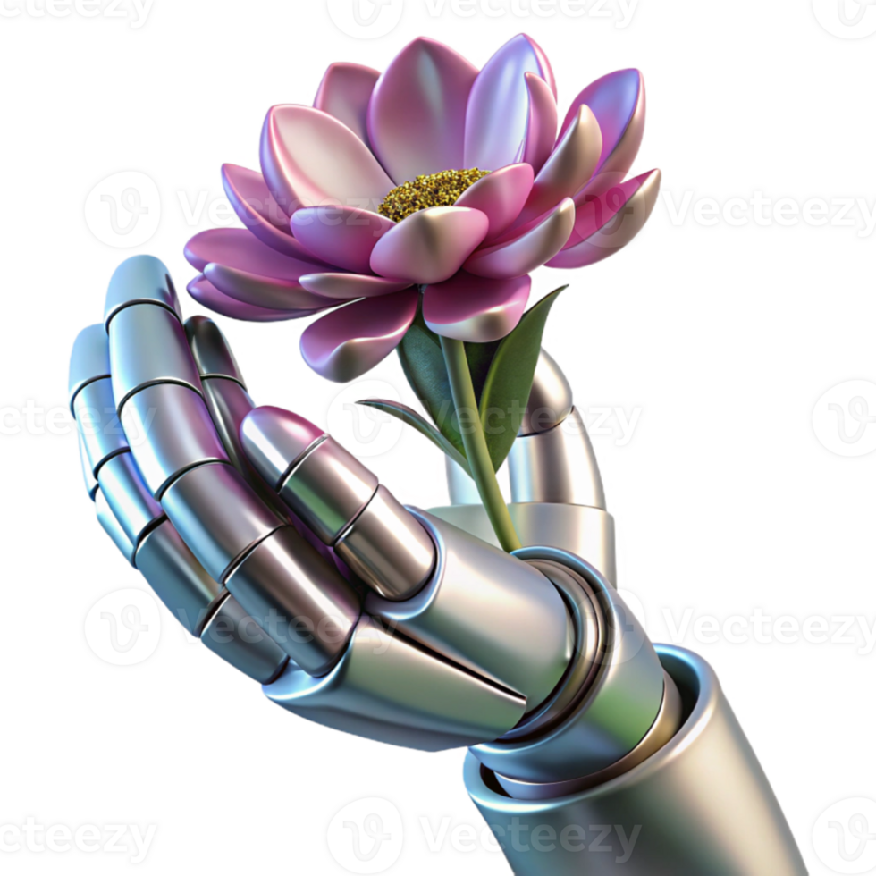 stunning contemporary A giant robotic hand holding a delicate flower, metallic textures contrasting with organic petals, soft natural lighting, surreal style 4K png