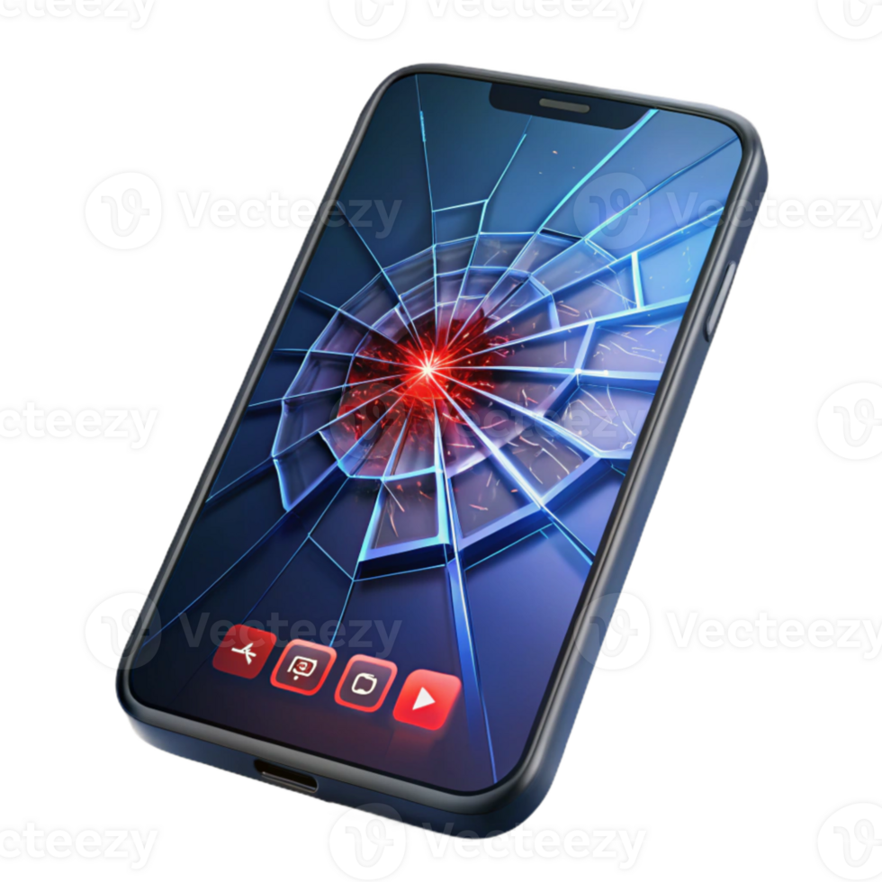 dramatic traditional A cracked smartphone screen displaying a cryptic binary code, backlight illuminating the cracks, dark and gritty style high quality png