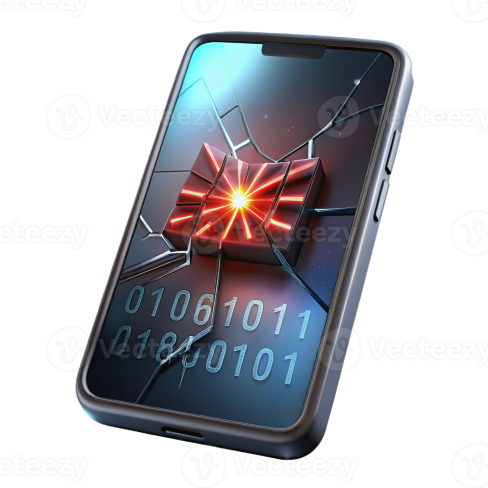dramatic creative A cracked smartphone screen displaying a cryptic binary code, backlight illuminating the cracks, dark and gritty style original png