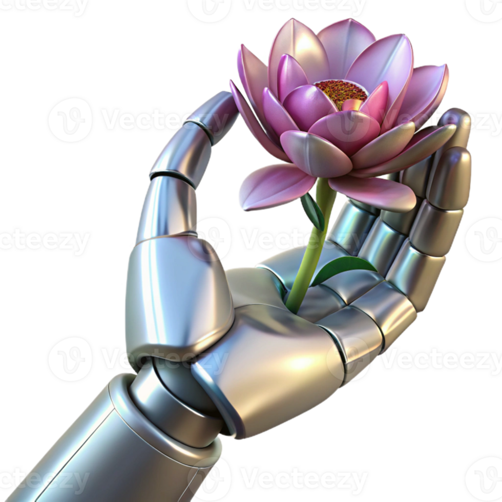 extraordinary traditional A giant robotic hand holding a delicate flower, metallic textures contrasting with organic petals, soft natural lighting, surreal style original png