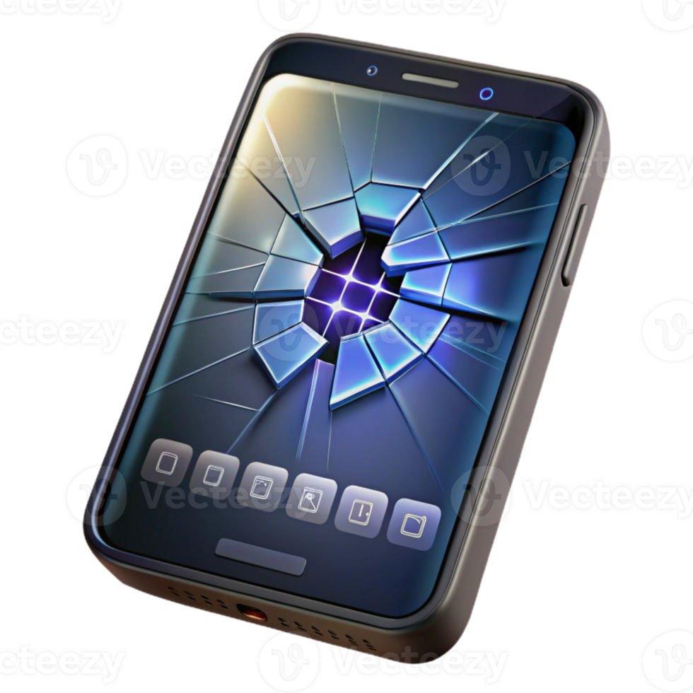 elegant vintage A cracked smartphone screen displaying a cryptic binary code, backlight illuminating the cracks, dark and gritty style 4K png
