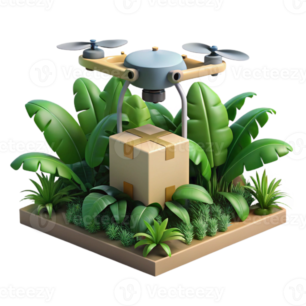 beautiful contemporary A drone delivering a package in a dense jungle environment, realistic textures, dappled sunlight filtering through the canopy, photorealistic style detailed png