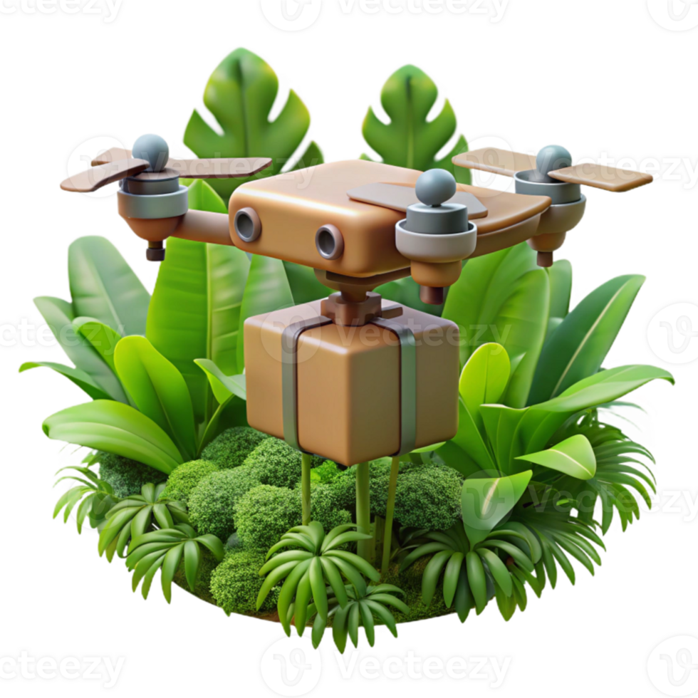 extraordinary classic A drone delivering a package in a dense jungle environment, realistic textures, dappled sunlight filtering through the canopy, photorealistic style 4K png