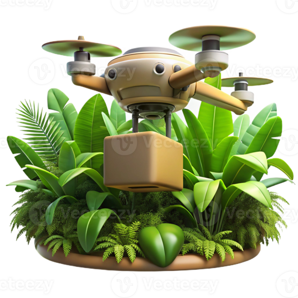 serene minimalist A drone delivering a package in a dense jungle environment, realistic textures, dappled sunlight filtering through the canopy, photorealistic style original png