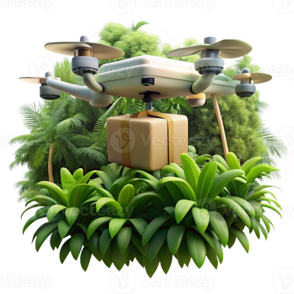 extraordinary creative A drone delivering a package in a dense jungle environment, realistic textures, dappled sunlight filtering through the canopy, photorealistic style premium png