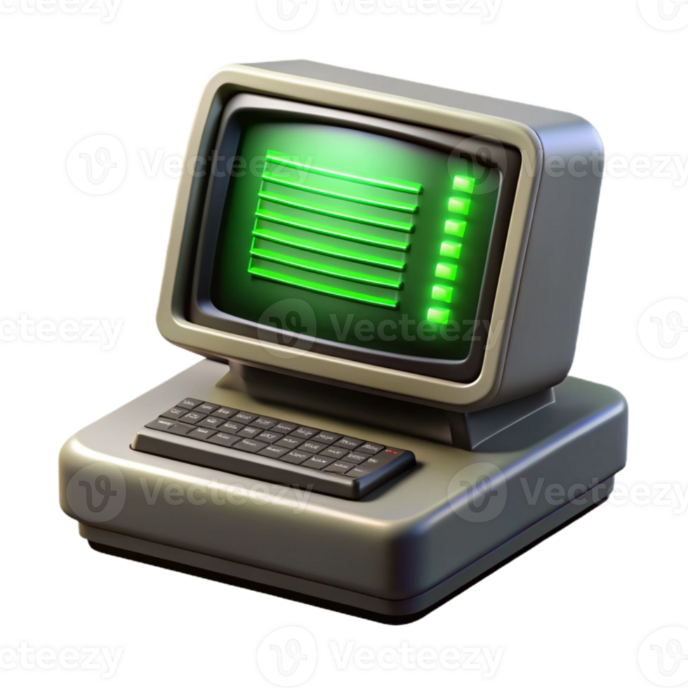 elegant classic A vintage computer terminal displaying lines of code, green monochrome display, dark room lighting, retrofuturism style high resolution png