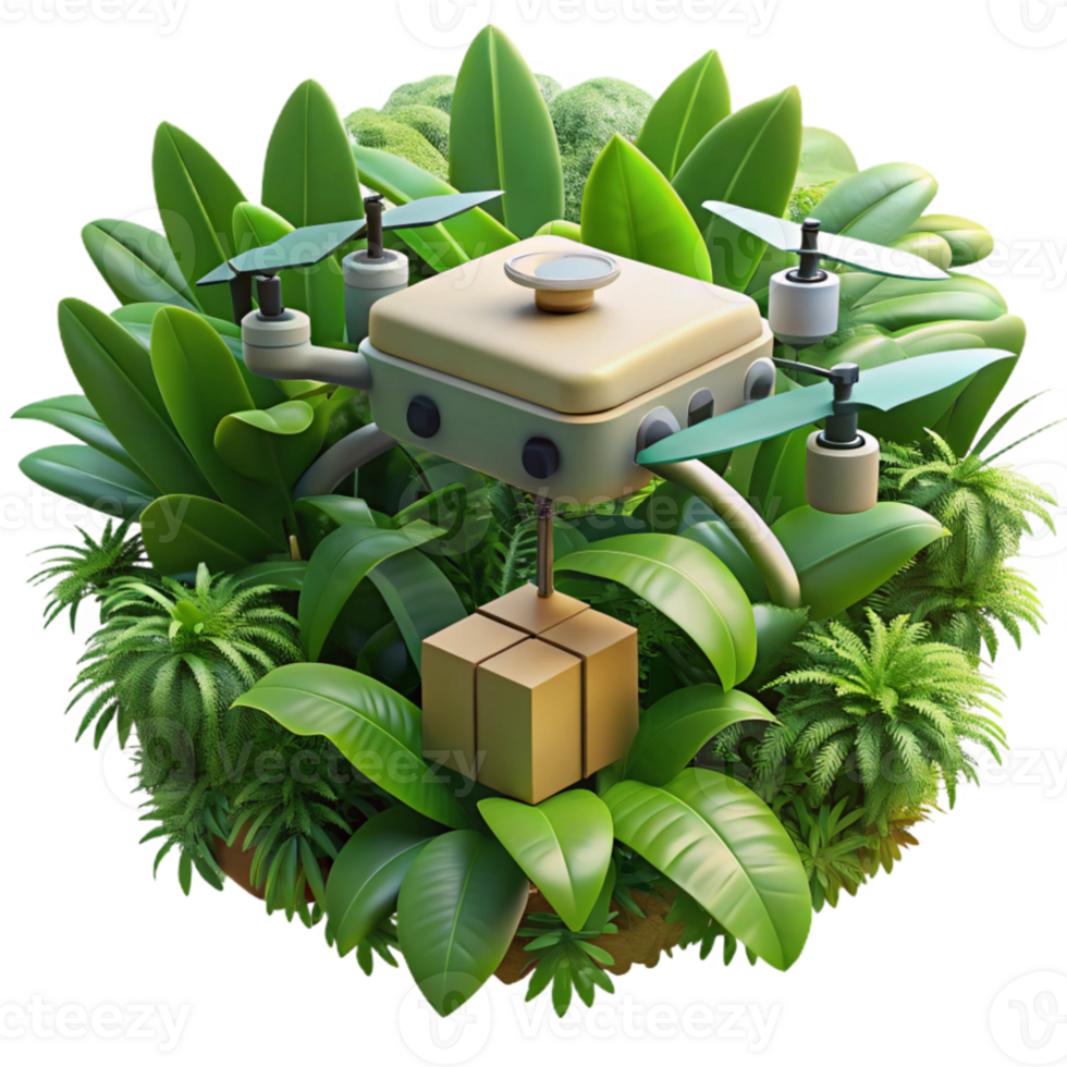elegant minimalist A drone delivering a package in a dense jungle environment, realistic textures, dappled sunlight filtering through the canopy, photorealistic style genuine png