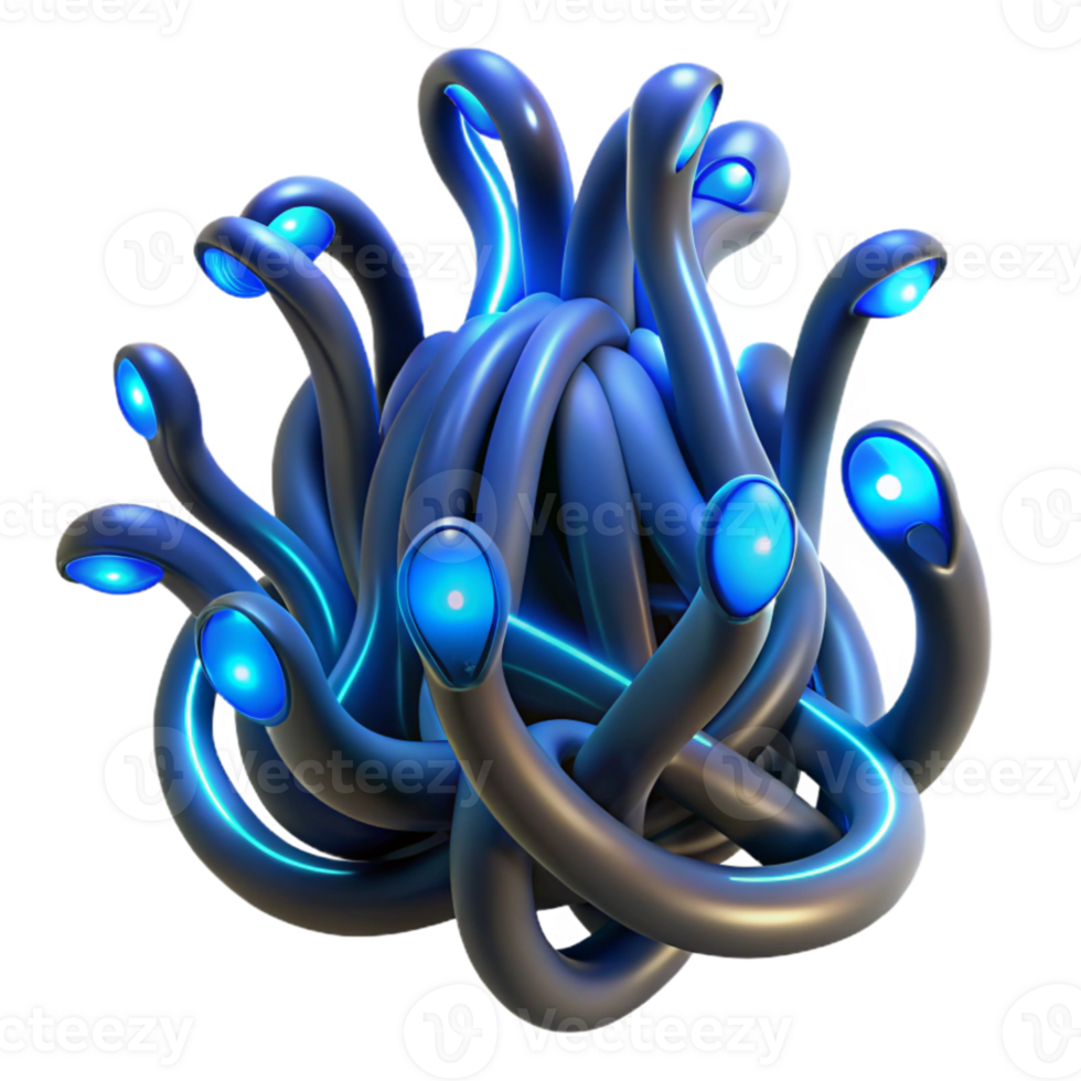 stunning artistic Intertwined, bioluminescent tendrils of deep sea creatures, emitting pulsating blue light, in a dark, surrealist style genuine png