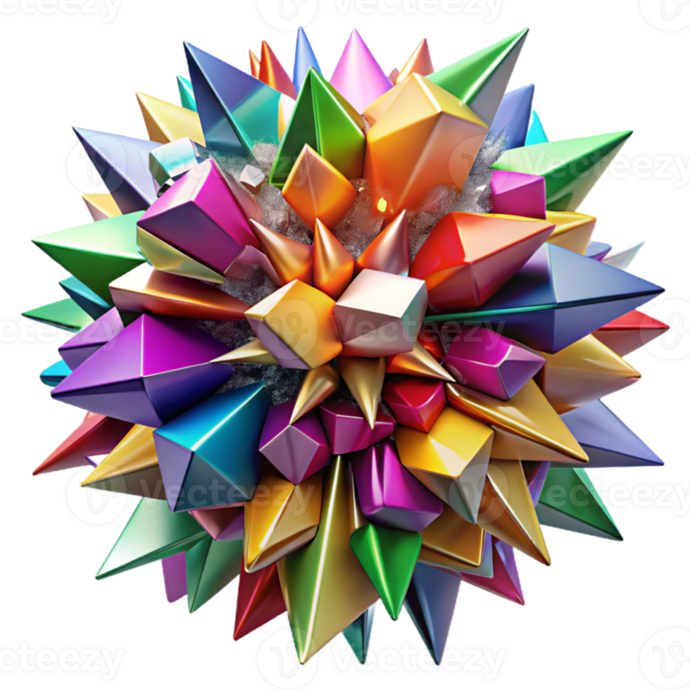 dramatic contemporary A chaotic explosion of colorful, geometric shapes, resembling shattered stained glass, illuminated by a bright, multicolored light, in a cubist style premium png