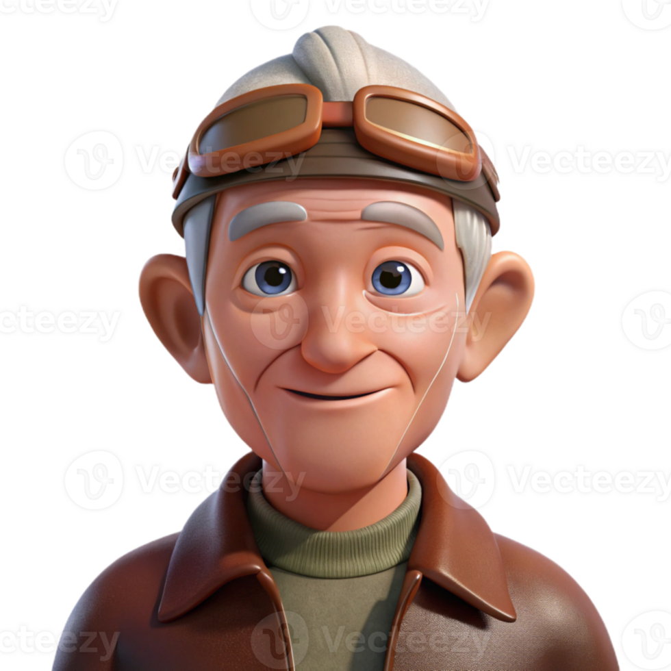 vibrant artistic An elderly man with a weathered face and kind eyes, wearing a worn leather aviator cap, soft natural light, photorealistic style premium png