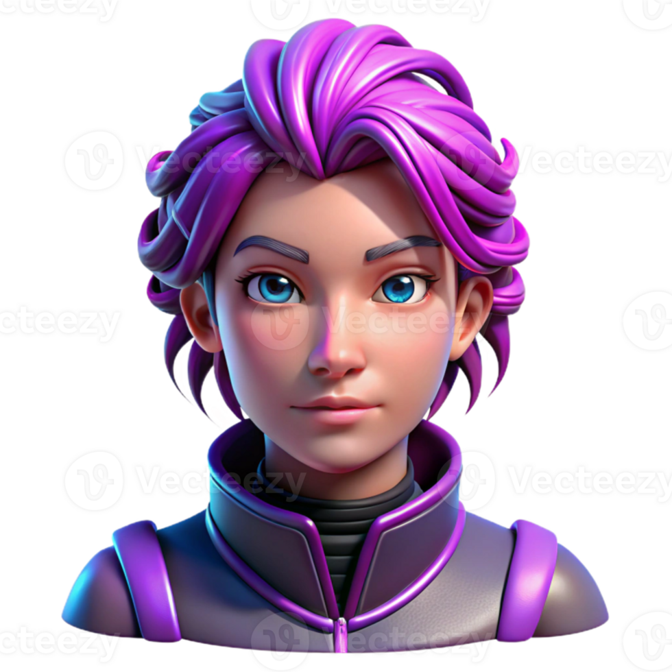 elegant artistic Portrait of a gender neutral person with vibrant purple hair styled in intricate braids, neon pink and blue rim lighting, cyberpunk style premium png