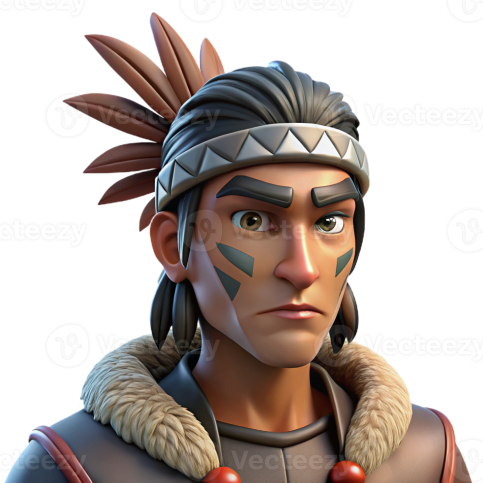 beautiful minimalist A stoic warrior with tribal face paint and a feathered headdress, dimly lit with a single spotlight, hyperrealistic style high quality png