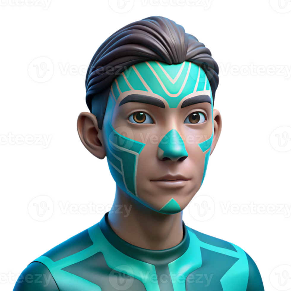 elegant vintage Portrait of a young man with vibrant turquoise skin and intricate geometric patterns painted on his face, soft diffused lighting, surrealist style original png