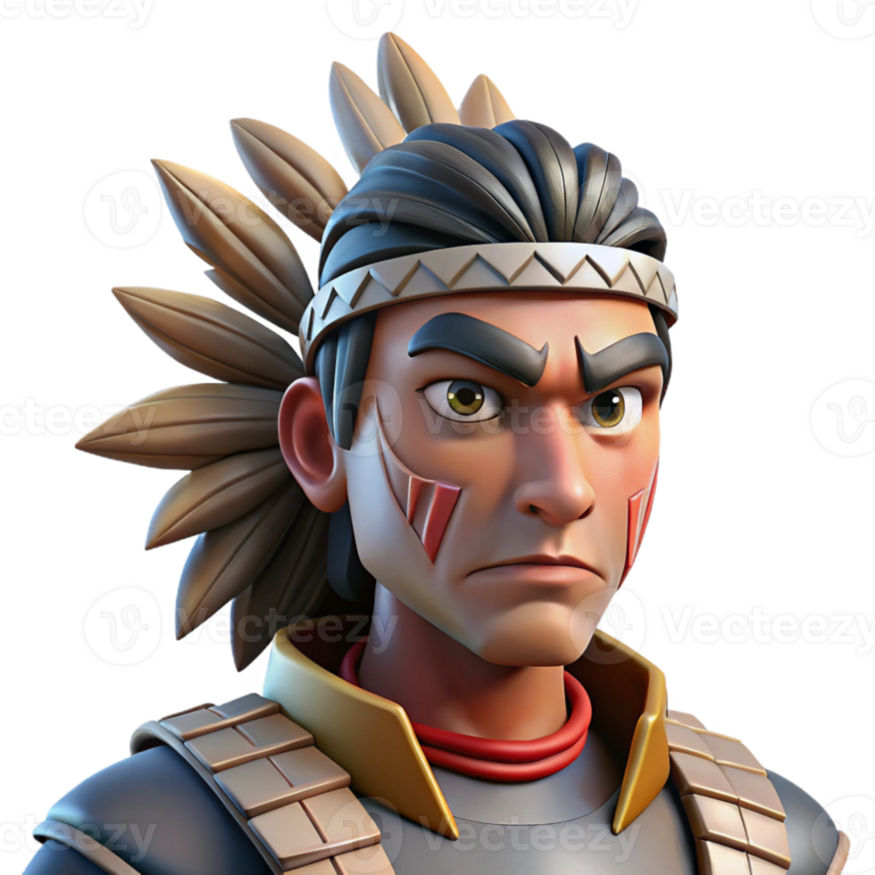wonderful contemporary A stoic warrior with tribal face paint and a feathered headdress, dimly lit with a single spotlight, hyperrealistic style exclusive png