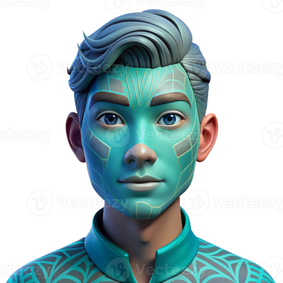 stunning rustic Portrait of a young man with vibrant turquoise skin and intricate geometric patterns painted on his face, soft diffused lighting, surrealist style high quality png