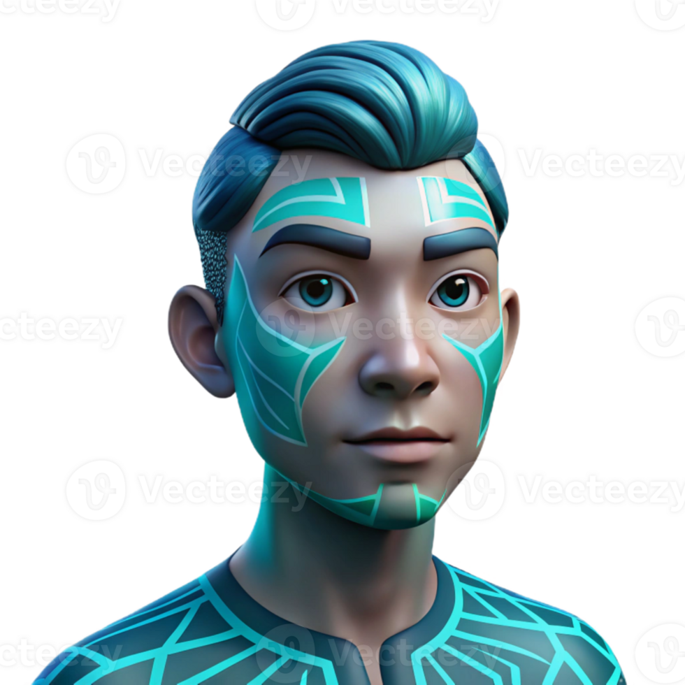 elegant artistic Portrait of a young man with vibrant turquoise skin and intricate geometric patterns painted on his face, soft diffused lighting, surrealist style high resolution png