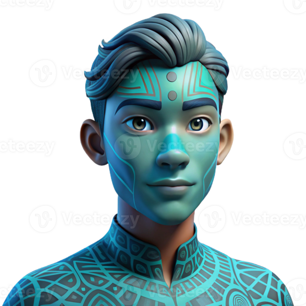 stunning modern Portrait of a young man with vibrant turquoise skin and intricate geometric patterns painted on his face, soft diffused lighting, surrealist style genuine png