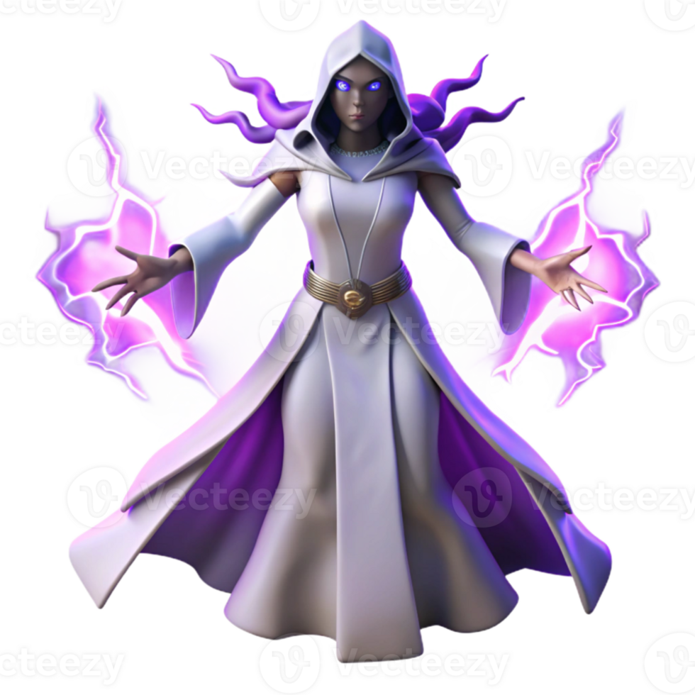 serene classic A powerful sorceress with glowing purple hands and flowing white robes, dramatic lightning illuminating her face, digital painting style genuine png