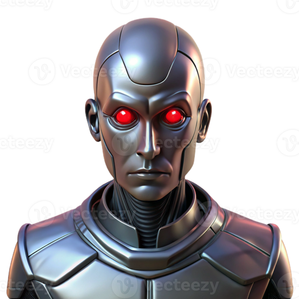 elegant creative Portrait of an android with polished chrome skin and glowing red eyes, futuristic cyberpunk lighting, digital art style detailed png