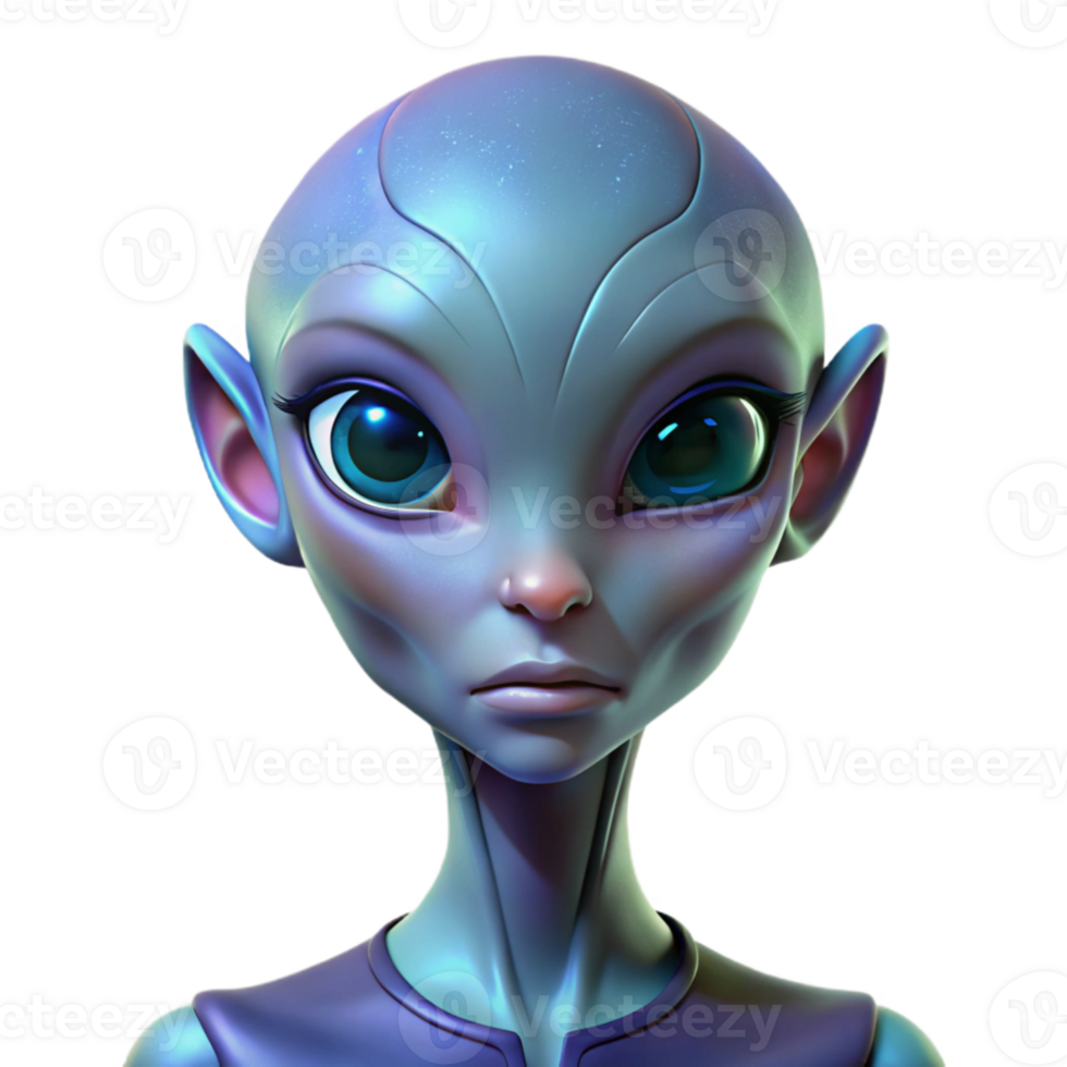 impressive modern Portrait of a beautiful alien with large, expressive eyes and iridescent skin, ethereal lighting, science fiction art style detailed png