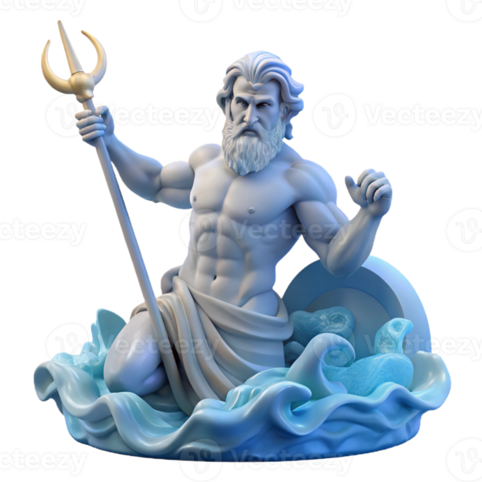 vibrant abstract Poseidon rising from a turbulent sea, clutching his trident, in the style of a Greek marble statue, illuminated by a single beam of moonlight, authentic png