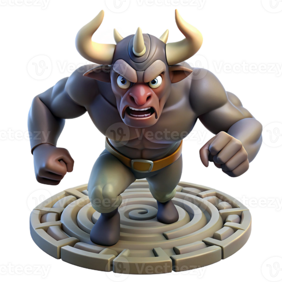 vibrant contemporary A powerful minotaur raging in a labyrinth, dynamic perspective, dramatic lighting, comic book style, detailed png
