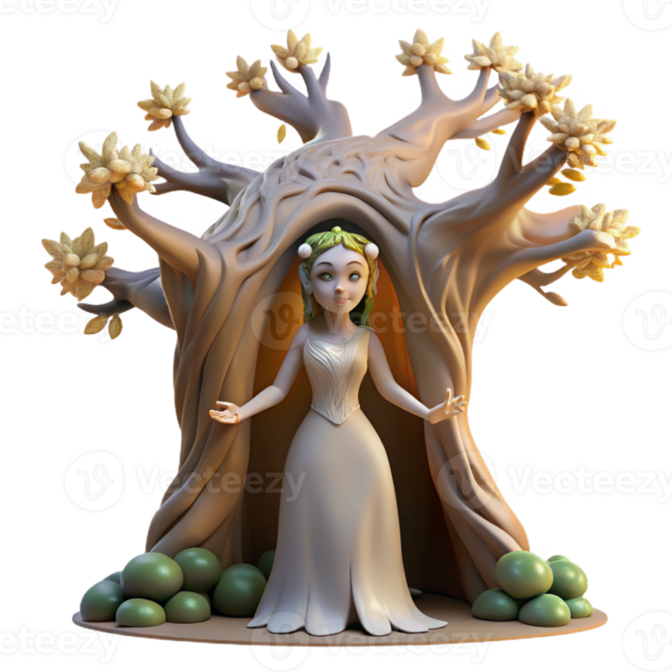 dramatic abstract A serene dryad emerging from an ancient oak tree, soft, ethereal lighting, Art Deco style, exclusive png