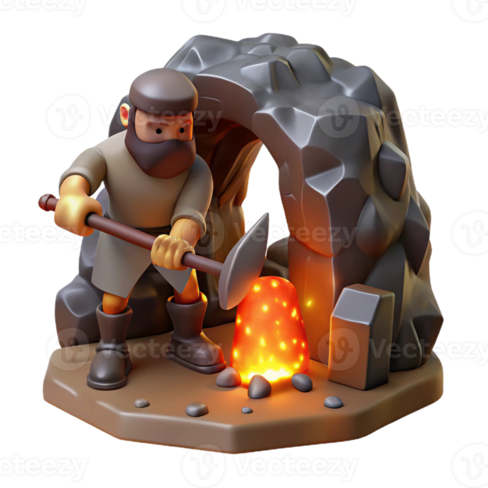 serene artistic A Cyclops forging a weapon in a volcanic cave, fiery lighting, realistic style, 4K png
