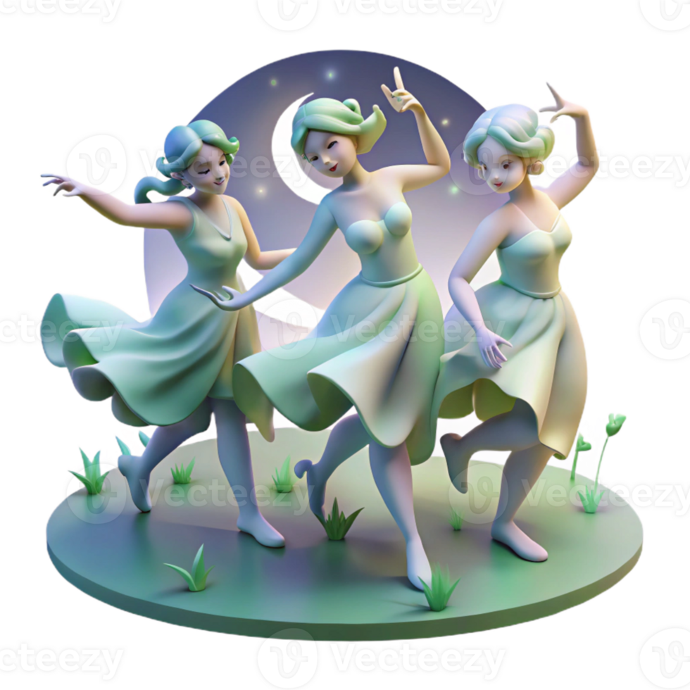 impressive creative A group of nymphs dancing in a moonlit meadow, Impressionist painting style, soft, diffused lighting, high resolution png
