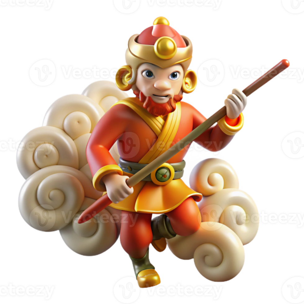 impressive modern Sun Wukong, the Monkey King, wielding his staff, surrounded by swirling clouds, Chinese painting style, vibrant colors, genuine png