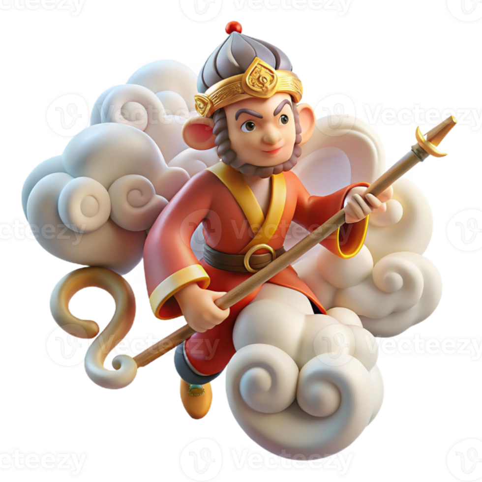wonderful classic Sun Wukong, the Monkey King, wielding his staff, surrounded by swirling clouds, Chinese painting style, vibrant colors, high resolution png