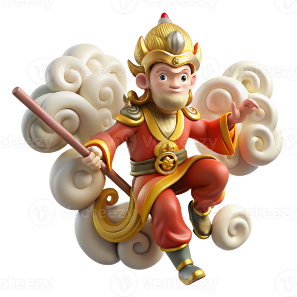 wonderful creative Sun Wukong, the Monkey King, wielding his staff, surrounded by swirling clouds, Chinese painting style, vibrant colors, high resolution png