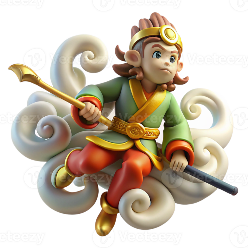 magnificent vintage Sun Wukong, the Monkey King, wielding his staff, surrounded by swirling clouds, Chinese painting style, vibrant colors, high resolution png