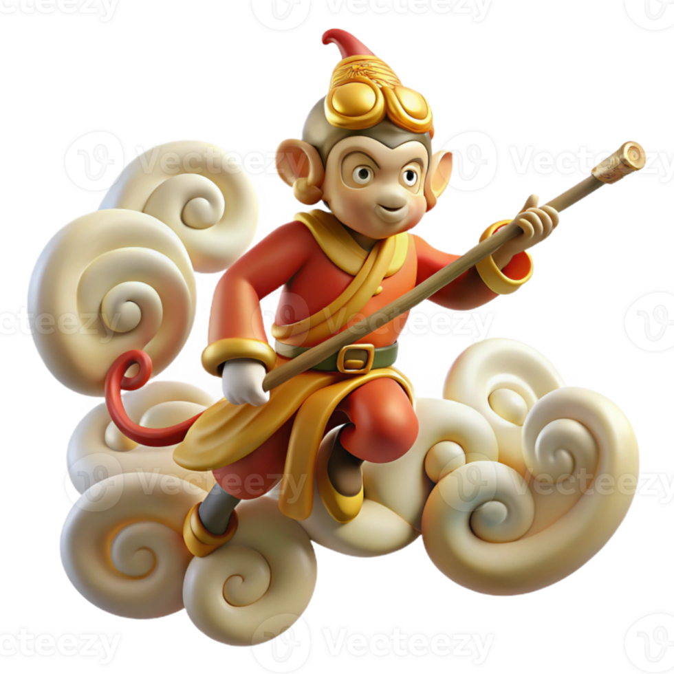 elegant creative Sun Wukong, the Monkey King, wielding his staff, surrounded by swirling clouds, Chinese painting style, vibrant colors, genuine png