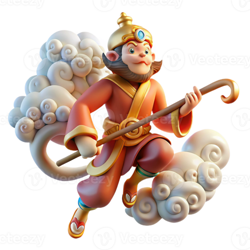 stunning minimalist Sun Wukong, the Monkey King, wielding his staff, surrounded by swirling clouds, Chinese painting style, vibrant colors, high resolution png