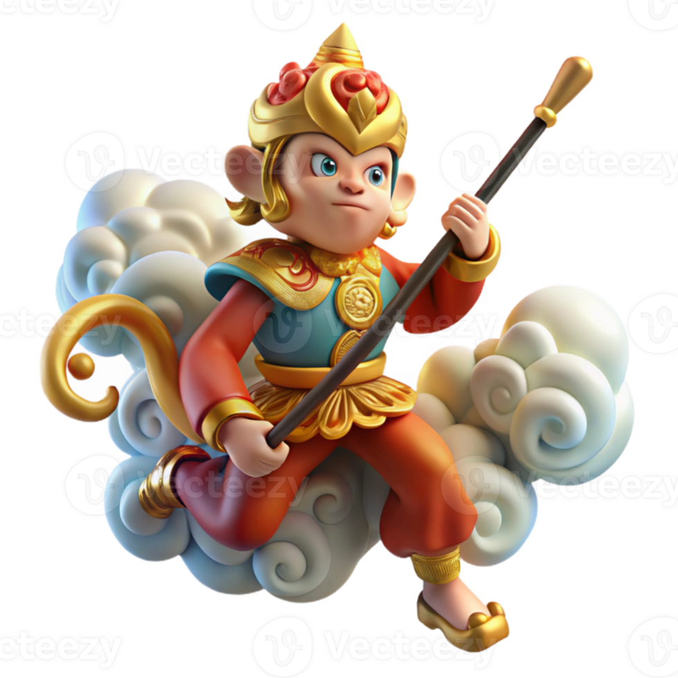 serene traditional Sun Wukong, the Monkey King, wielding his staff, surrounded by swirling clouds, Chinese painting style, vibrant colors, professional png