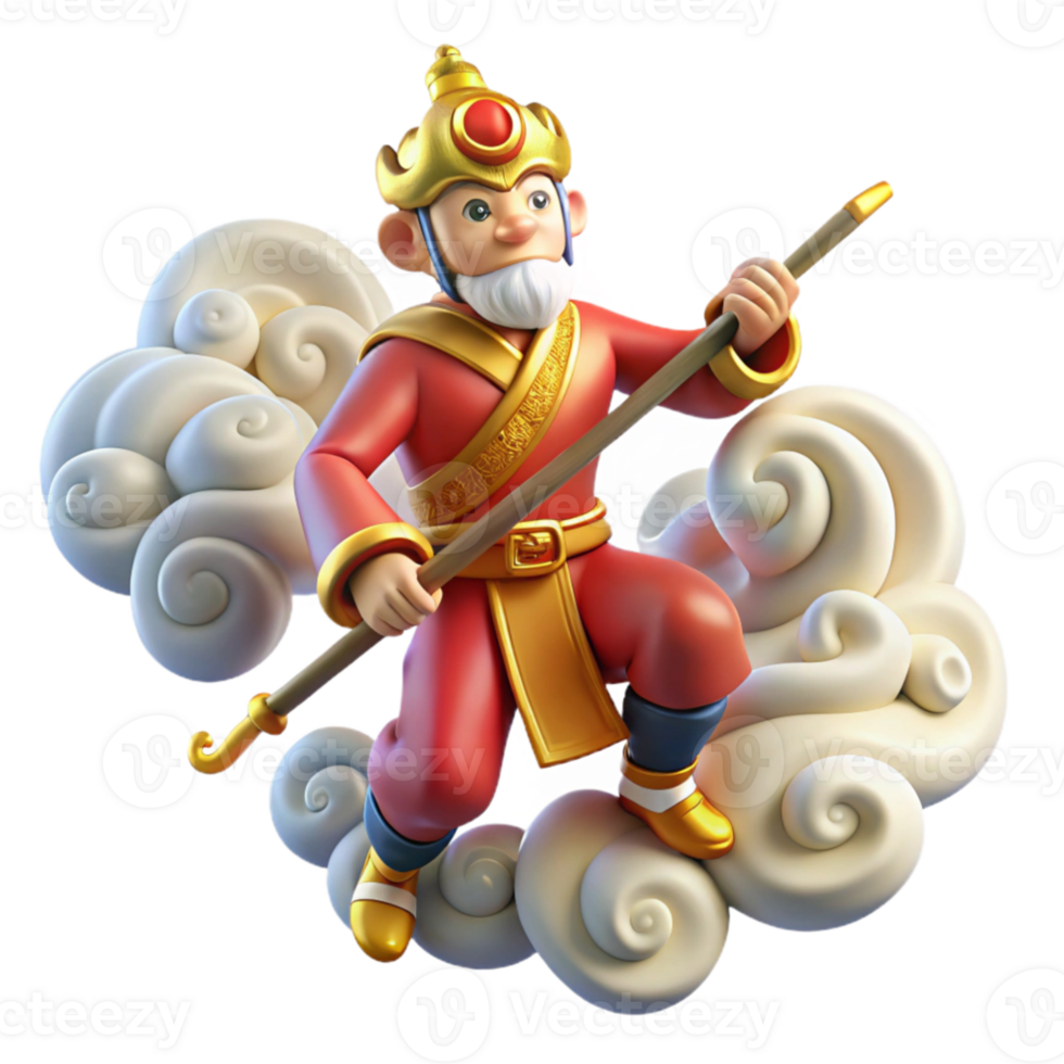 stunning rustic Sun Wukong, the Monkey King, wielding his staff, surrounded by swirling clouds, Chinese painting style, vibrant colors, 4K png