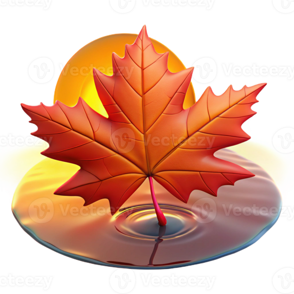 elegant contemporary A single, perfect red maple leaf, backlit by a golden sunset, floating on the surface of a still pond, hyperrealistic, detailed veins, 8k resolution 4K png